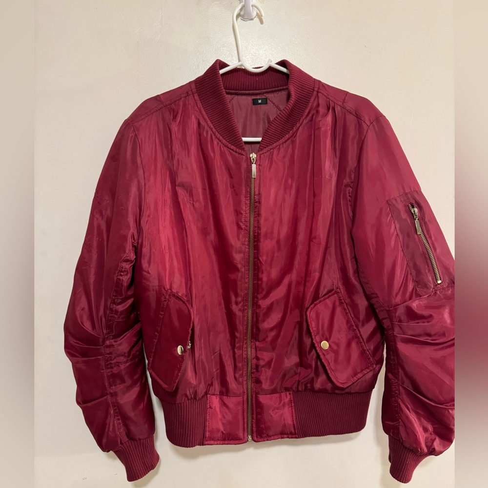 Boohoo Ruched-Sleeve Burgundy Bomber